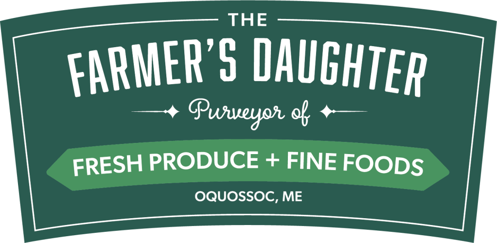 The Farmer's Daughter Logo. Reads: The Farmer's Daughter: Purveyor of Fresh Produce + Fine Foods, Oquossoc, ME. In white lettering on green background.